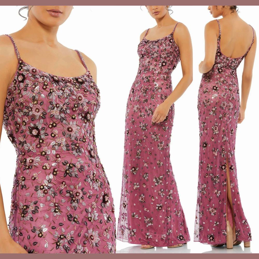 Nwt $598 Mac Duggal [ 6 ] Floral Embellished Scoop Neck Gown In Raspberry G1840